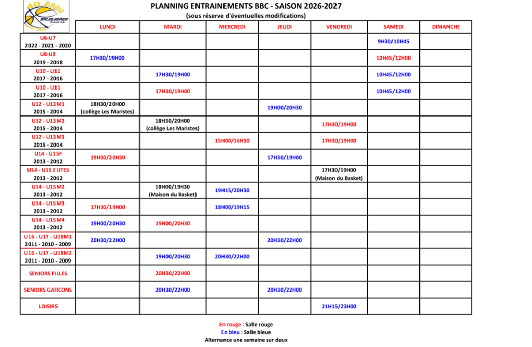 Le planning des entrainements 2026 2027